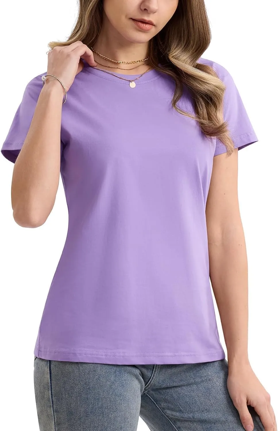 SMENG Women's Cotton Crewneck T-Shirts Short Sleeve Basic Solid Color Tee Classic-Fit Shirt Breathable Comfy Summer Top