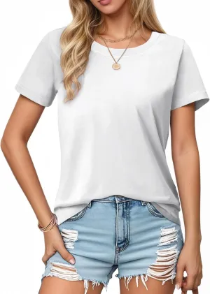SMENG Women's Cotton Crewneck T-Shirts Short Sleeve Basic Solid Color Tee Classic-Fit Shirt Breathable Comfy Summer Top