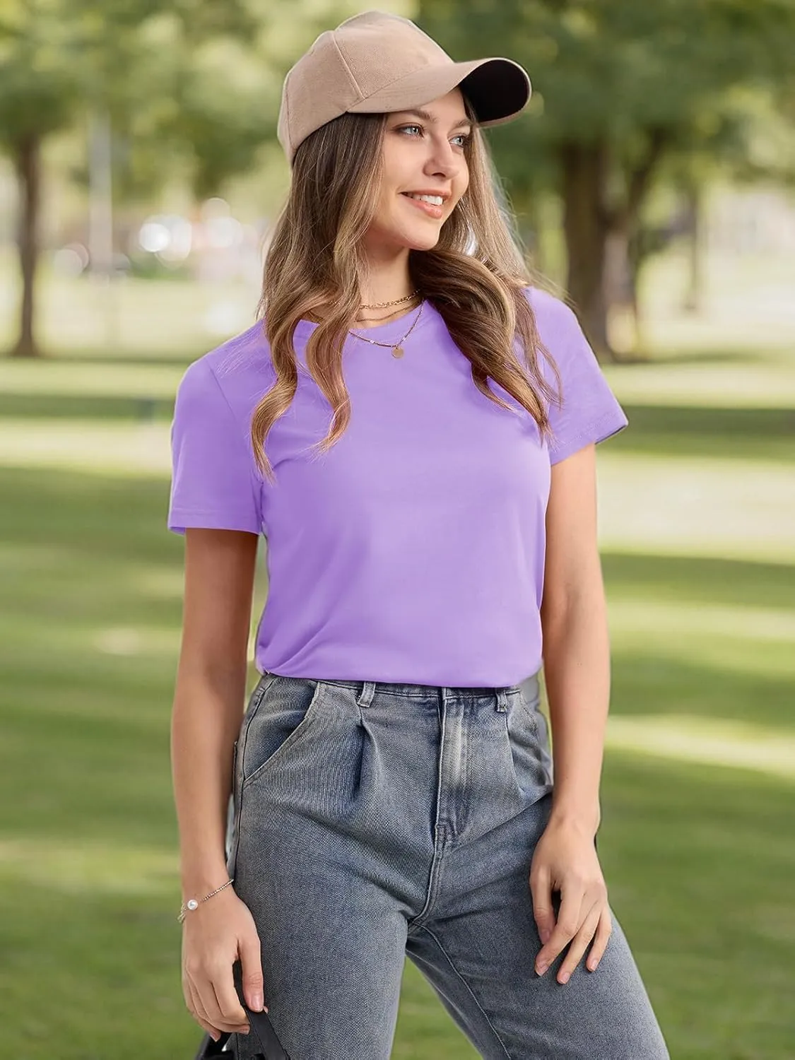 SMENG Women's Cotton Crewneck T-Shirts Short Sleeve Basic Solid Color Tee Classic-Fit Shirt Breathable Comfy Summer Top