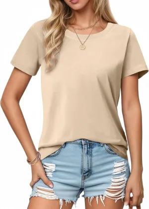 SMENG Women's Cotton Crewneck T-Shirts Short Sleeve Basic Solid Color Tee Classic-Fit Shirt Breathable Comfy Summer Top