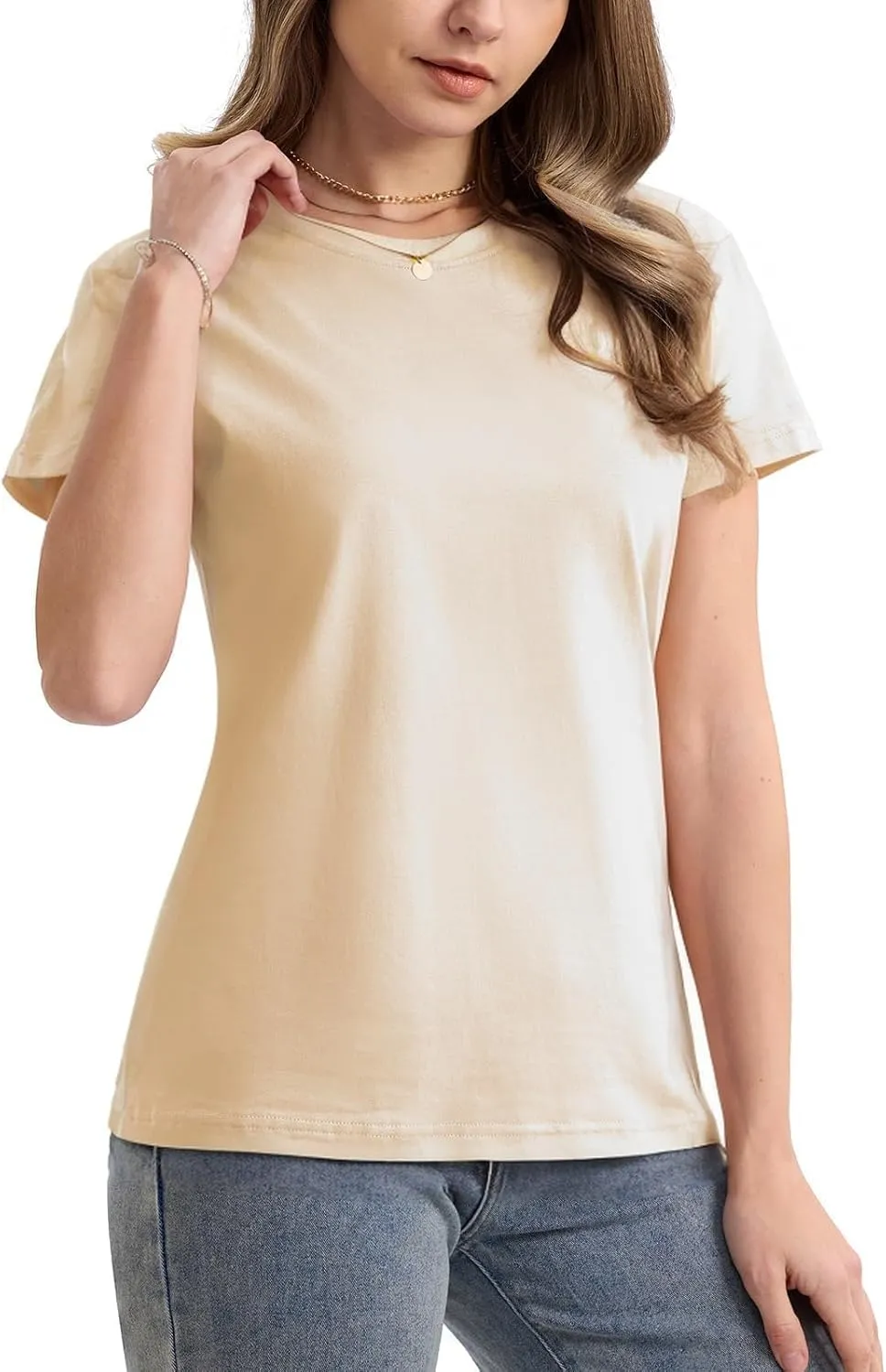 SMENG Women's Cotton Crewneck T-Shirts Short Sleeve Basic Solid Color Tee Classic-Fit Shirt Breathable Comfy Summer Top