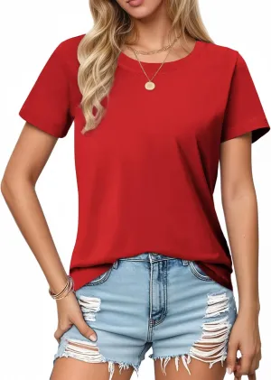 SMENG Women's Cotton Crewneck T-Shirts Short Sleeve Basic Solid Color Tee Classic-Fit Shirt Breathable Comfy Summer Top