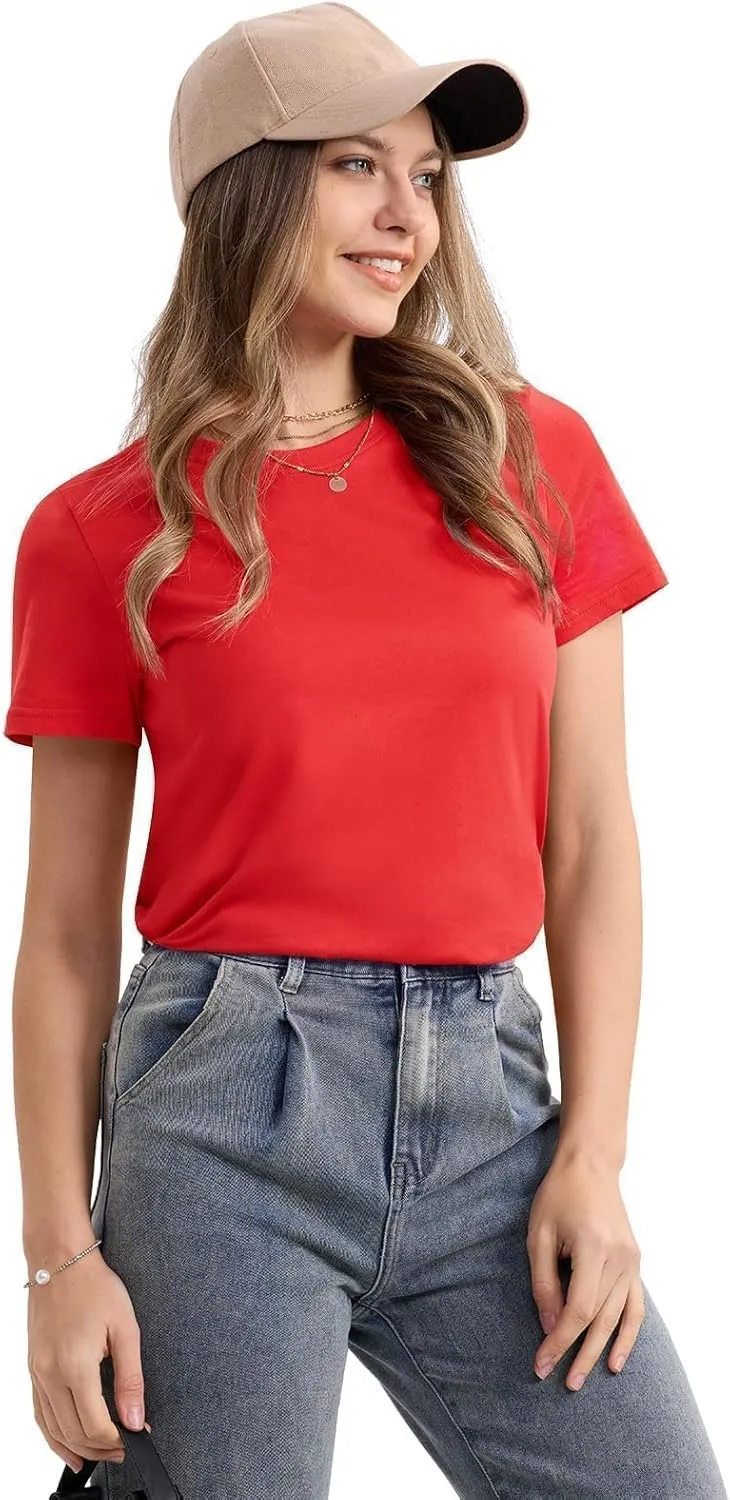 SMENG Women's Cotton Crewneck T-Shirts Short Sleeve Basic Solid Color Tee Classic-Fit Shirt Breathable Comfy Summer Top