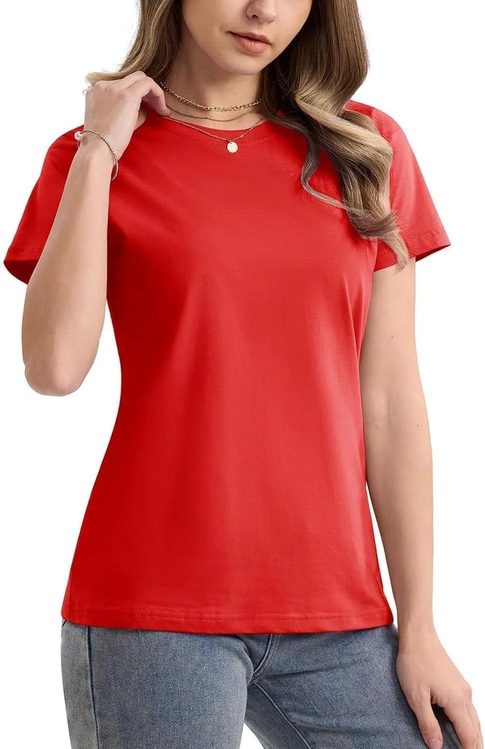 SMENG Women's Cotton Crewneck T-Shirts Short Sleeve Basic Solid Color Tee Classic-Fit Shirt Breathable Comfy Summer Top