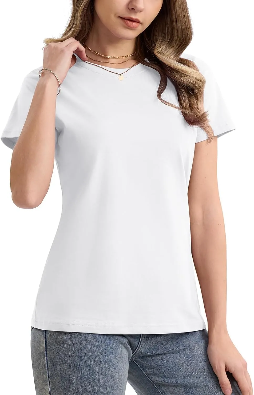 SMENG Women's Cotton Crewneck T-Shirts Short Sleeve Basic Solid Color Tee Classic-Fit Shirt Breathable Comfy Summer Top