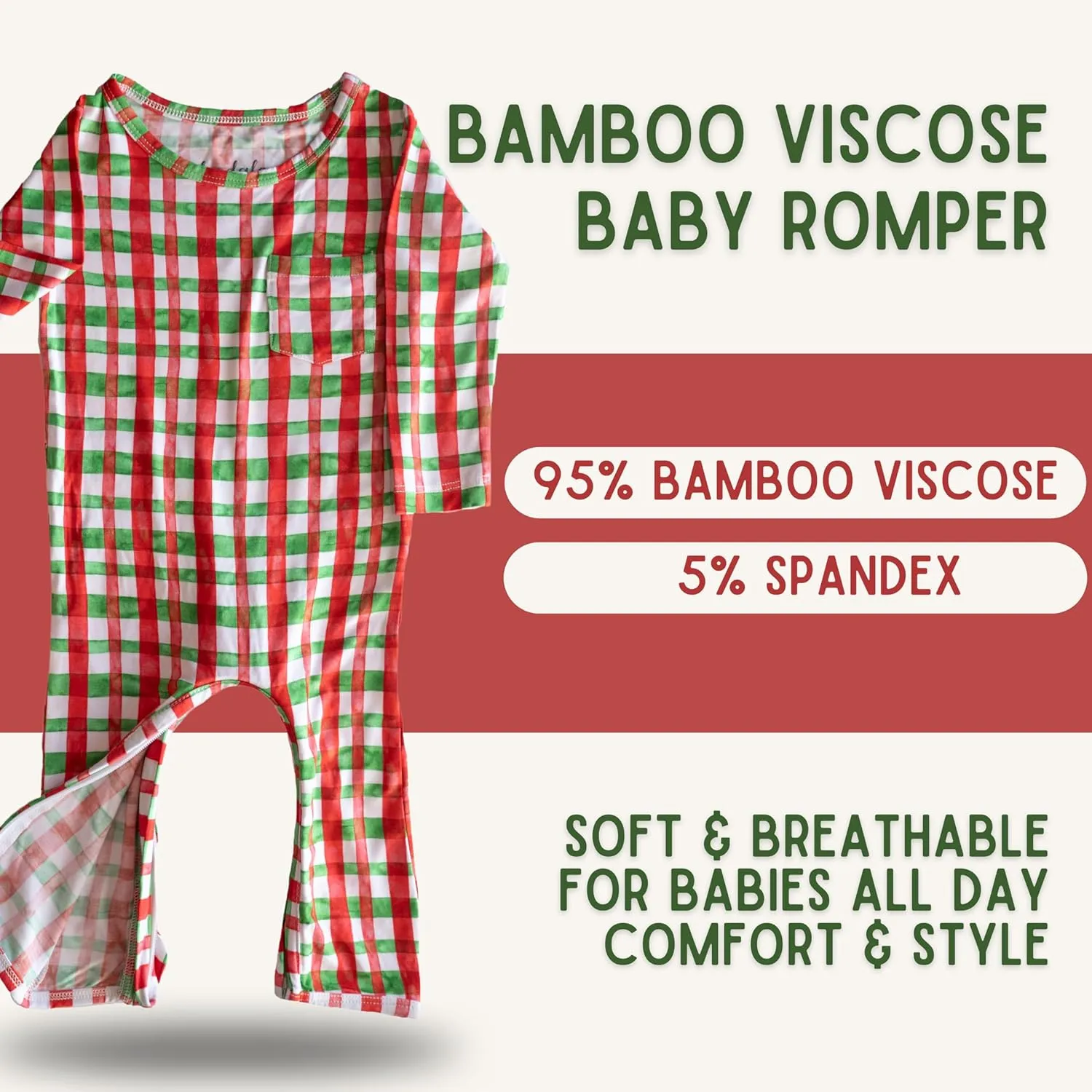 Soft Bamboo Viscose Baby Romper - Christmas Collection - Lightweight, Pacifier Clip, Inseam Zipper