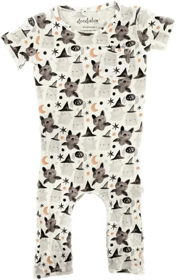 Soft Bamboo Viscose Baby Romper, Short Sleeve with Pants, Zipper Inseam Closure with Front Pocket Pacifier Clip (Squad Ghouls, 9 Months)