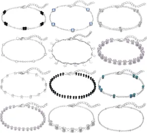Softones 12Pcs Boho Silver Gold Small Beads Ankle Bracelets for Women Crystal Pearl Anklets Set for Women Adjustable Chain Beach Foot Jewelry