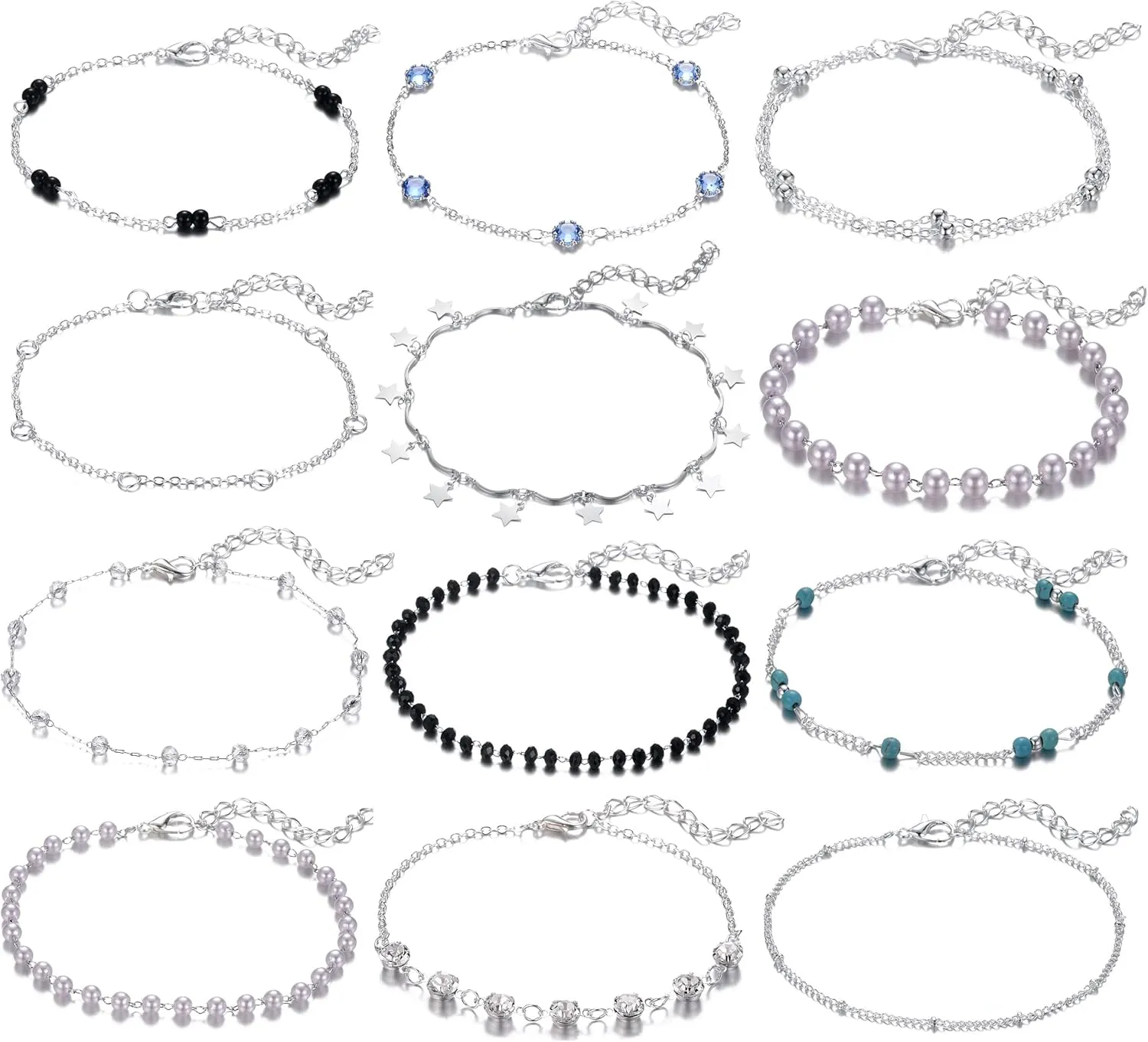 Softones 12Pcs Boho Silver Gold Small Beads Ankle Bracelets for Women Crystal Pearl Anklets Set for Women Adjustable Chain Beach Foot Jewelry