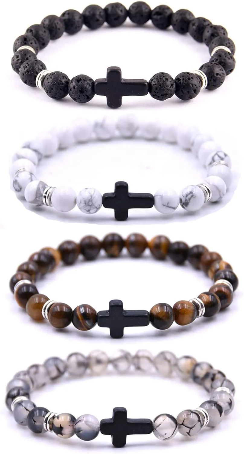 Softones 4PCS Cross Beads Bracelet for Men Women 8mm Healing Lava Stone Stretch Bracelets,7.5"