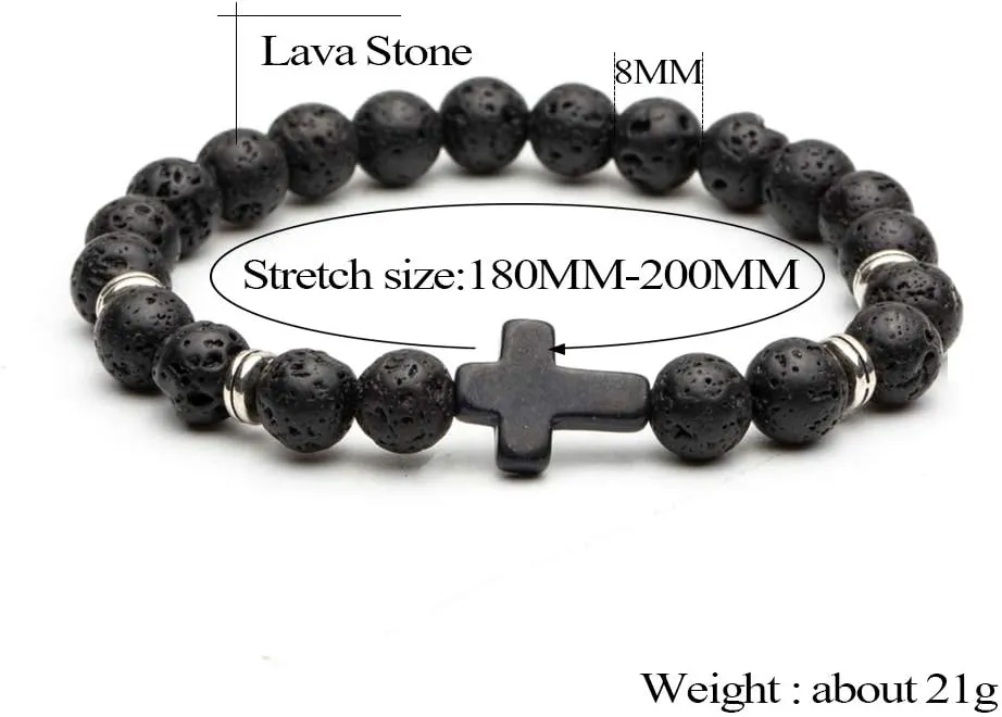 Softones 4PCS Cross Beads Bracelet for Men Women 8mm Healing Lava Stone Stretch Bracelets,7.5"