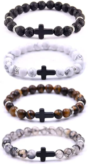 Softones 4PCS Cross Beads Bracelet for Men Women 8mm Healing Lava Stone Stretch Bracelets,7.5"
