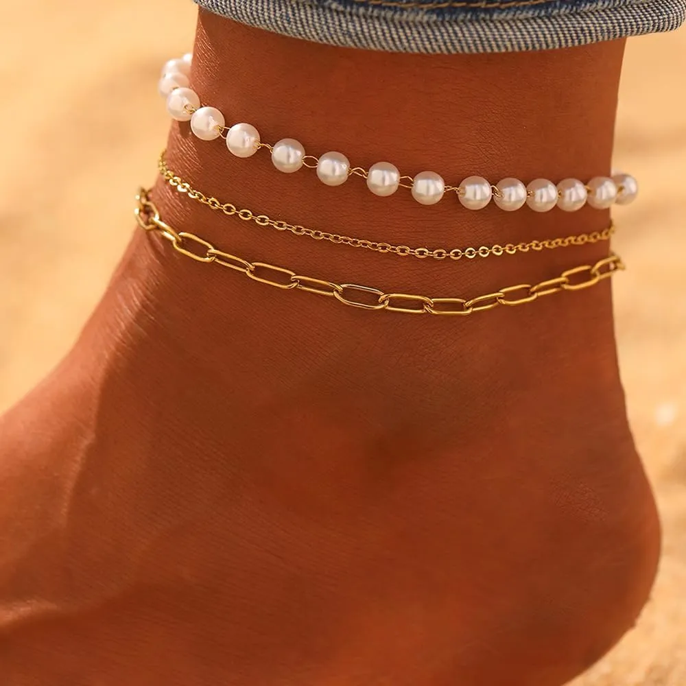 Sora Tuki Silver Ankle Bracelets for Women Gold Anklets for Women Waterproof Beach Jewelry Stainless Steel Pearl Paperclip Chain Cross Anklets Non Tarnish Summer Foot Jewelry