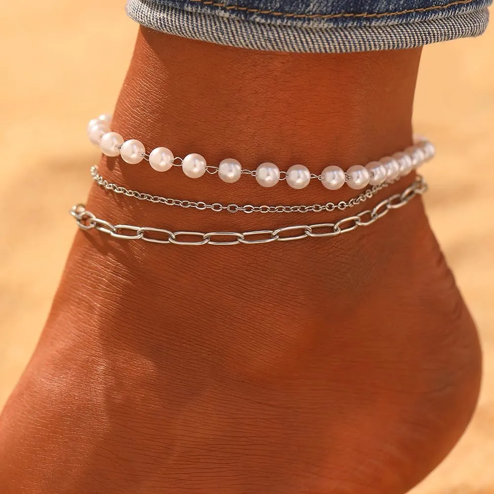 Sora Tuki Silver Ankle Bracelets for Women Gold Anklets for Women Waterproof Beach Jewelry Stainless Steel Pearl Paperclip Chain Cross Anklets Non Tarnish Summer Foot Jewelry