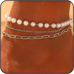 Sora Tuki Silver Ankle Bracelets for Women Gold Anklets for Women Waterproof Beach Jewelry Stainless Steel Pearl Paperclip Chain Cross Anklets Non Tarnish Summer Foot Jewelry