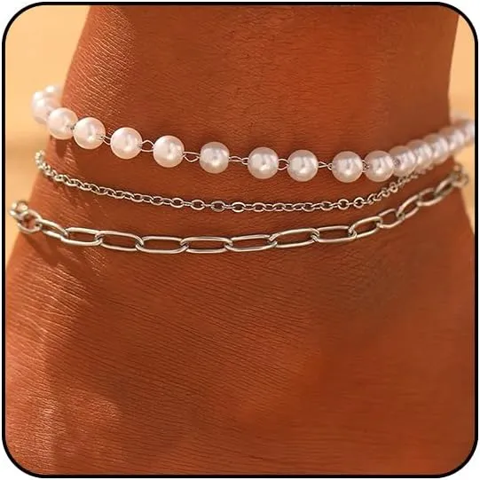 Sora Tuki Silver Ankle Bracelets for Women Gold Anklets for Women Waterproof Beach Jewelry Stainless Steel Pearl Paperclip Chain Cross Anklets Non Tarnish Summer Foot Jewelry