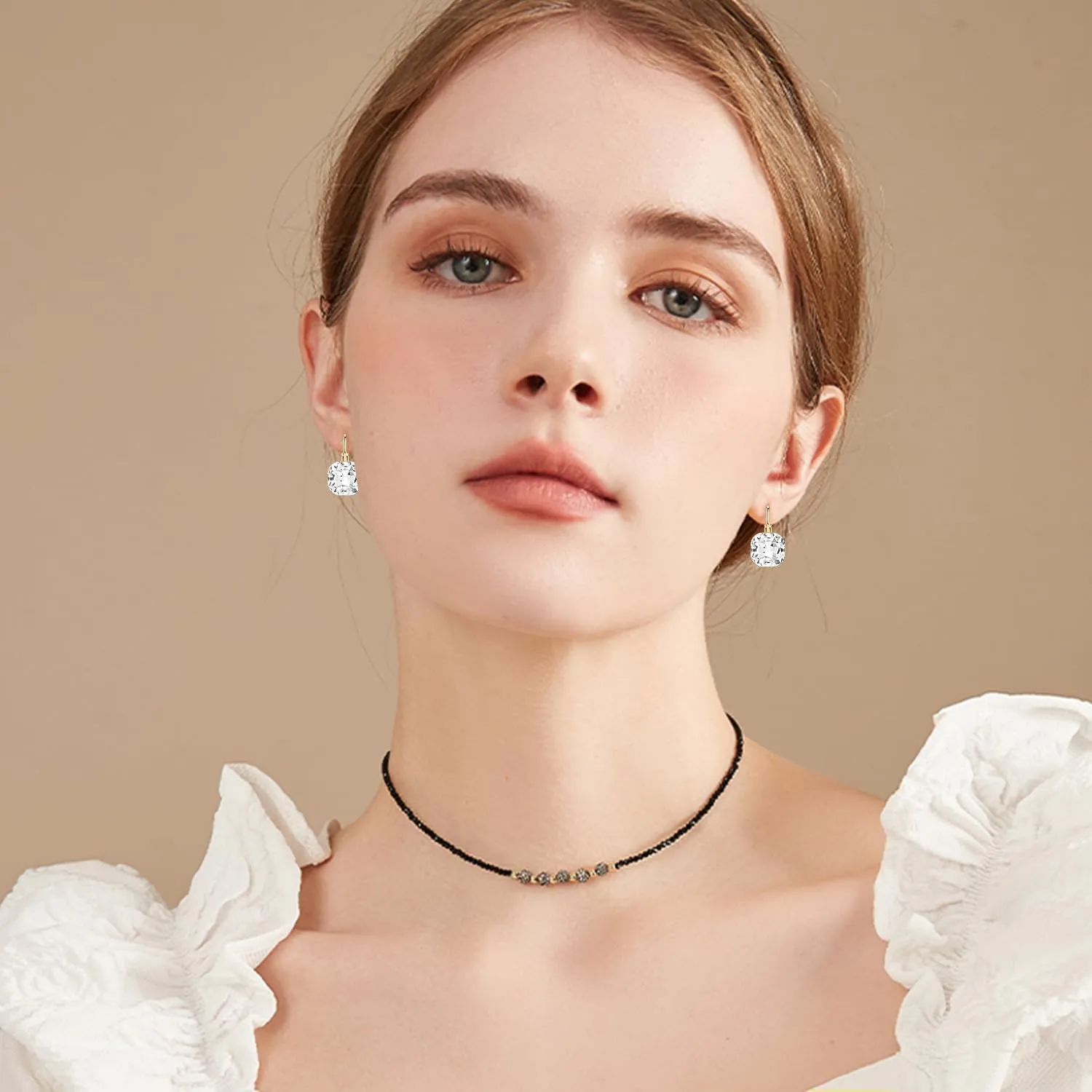 Sparkly Crystal Square Leverback Earrings Rhinestone Geometry Dangle Drop Earrings For Women Brides Bridesmaids Weddings