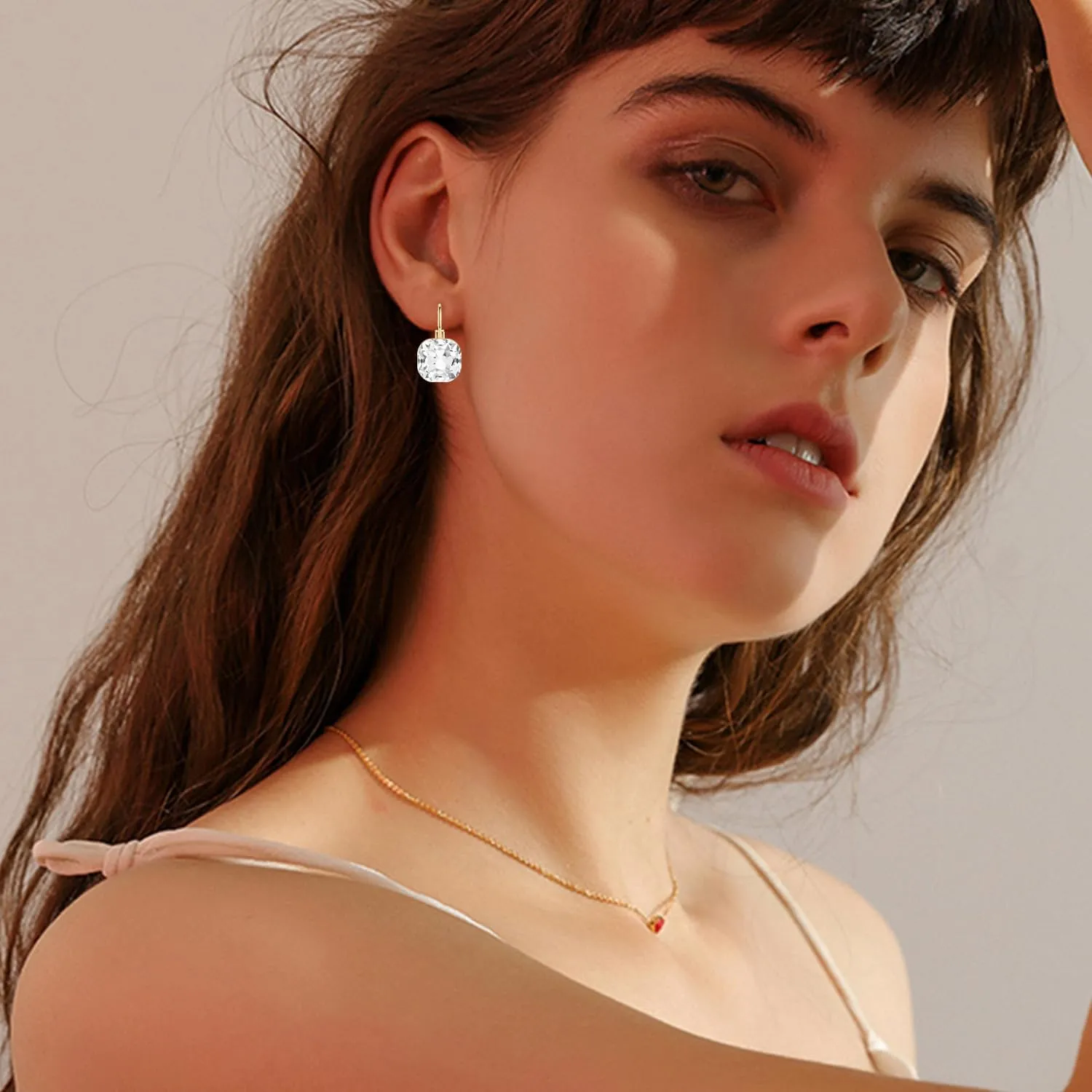 Sparkly Crystal Square Leverback Earrings Rhinestone Geometry Dangle Drop Earrings For Women Brides Bridesmaids Weddings