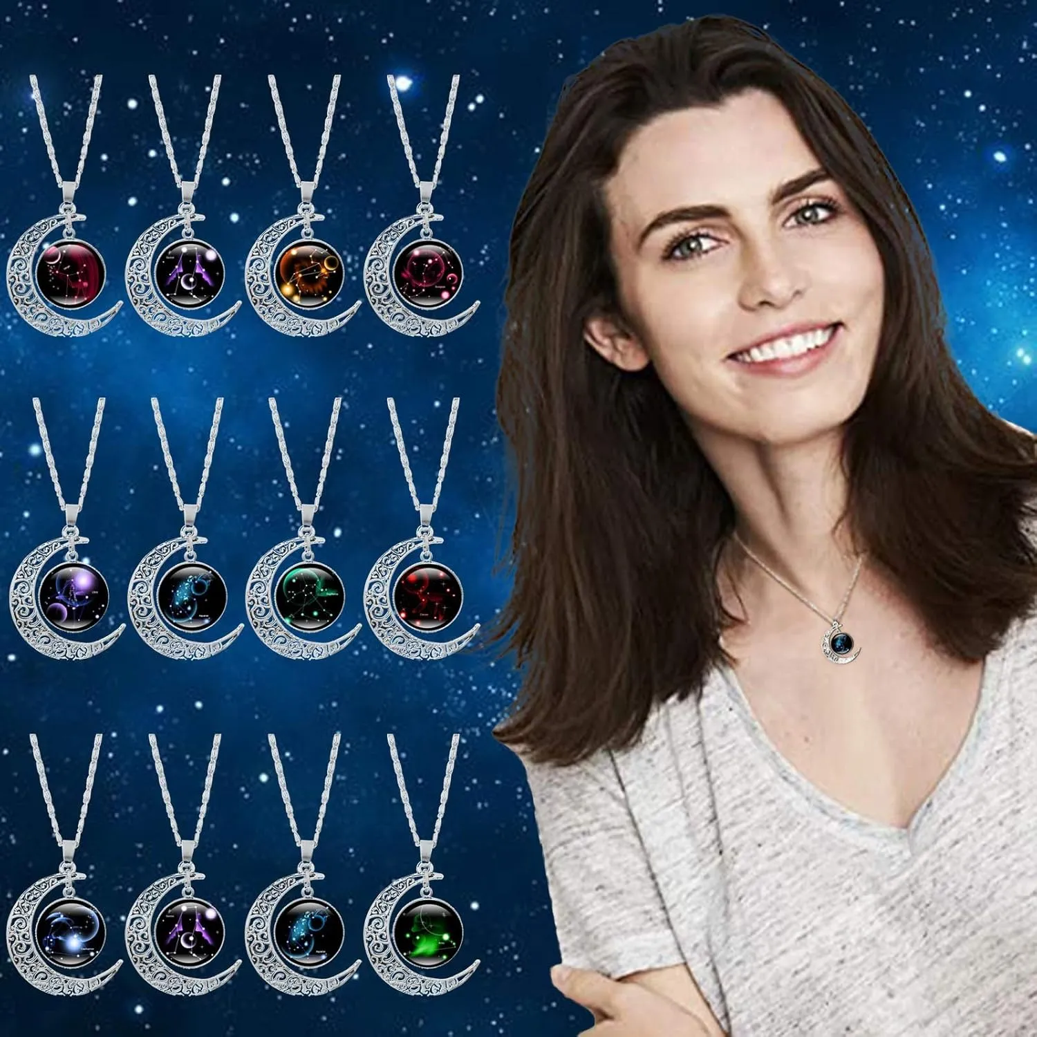 Stainless Steel Necklace for Women,12 Constellation Cubic Zirconia Pendant Necklaces Christmas Valentine Jewelry Gift