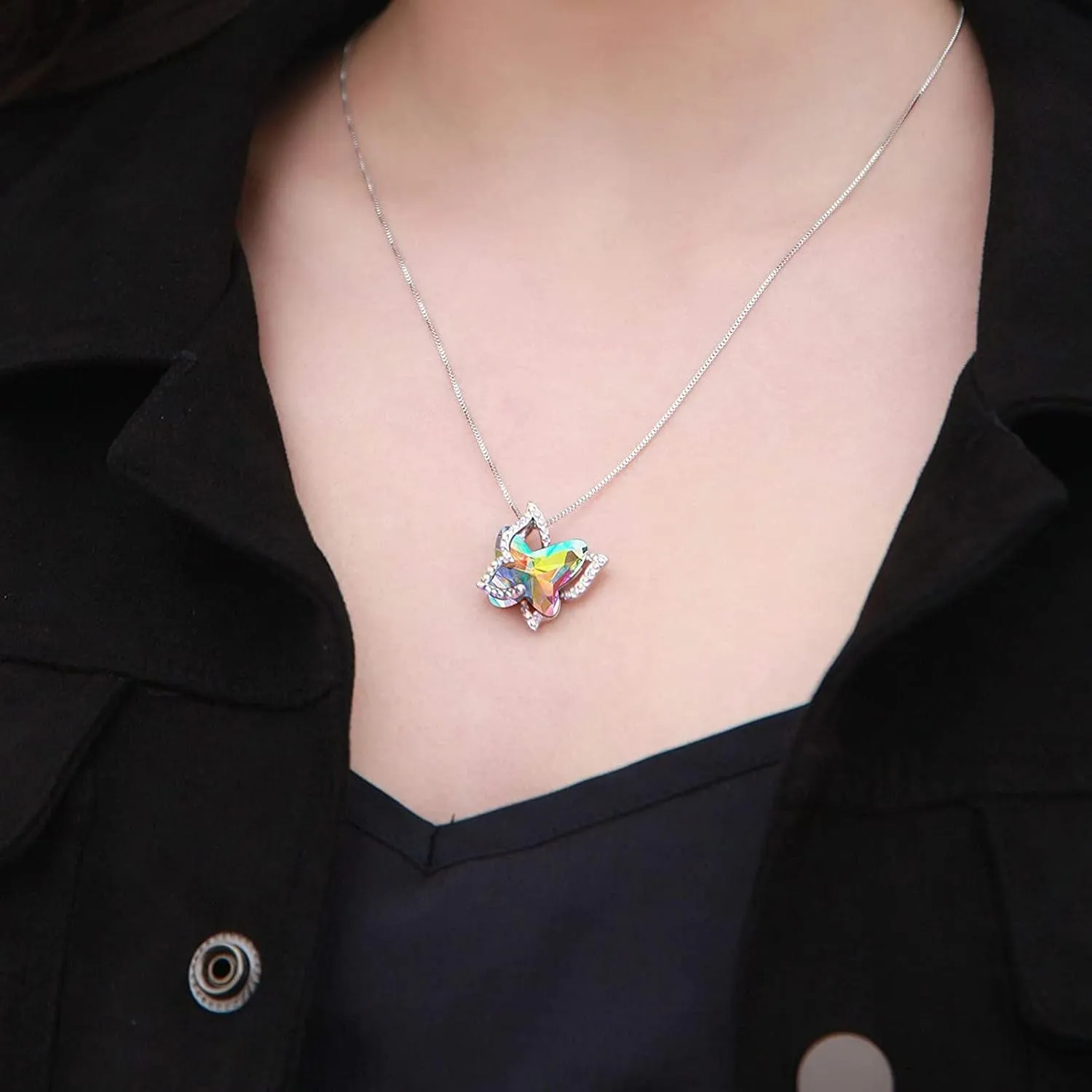 Stainless Steel Necklace for Women,Butterfly Crystal Pendants Cute Butterfly Necklace Valentine's Day Jewelry Gift for Her