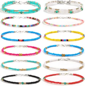 Starain 8-12Pcs Handmade Beaded Anklets for Women Boho Colorful Beads Ankle Bracelets Adjustable Foot Anklet Set