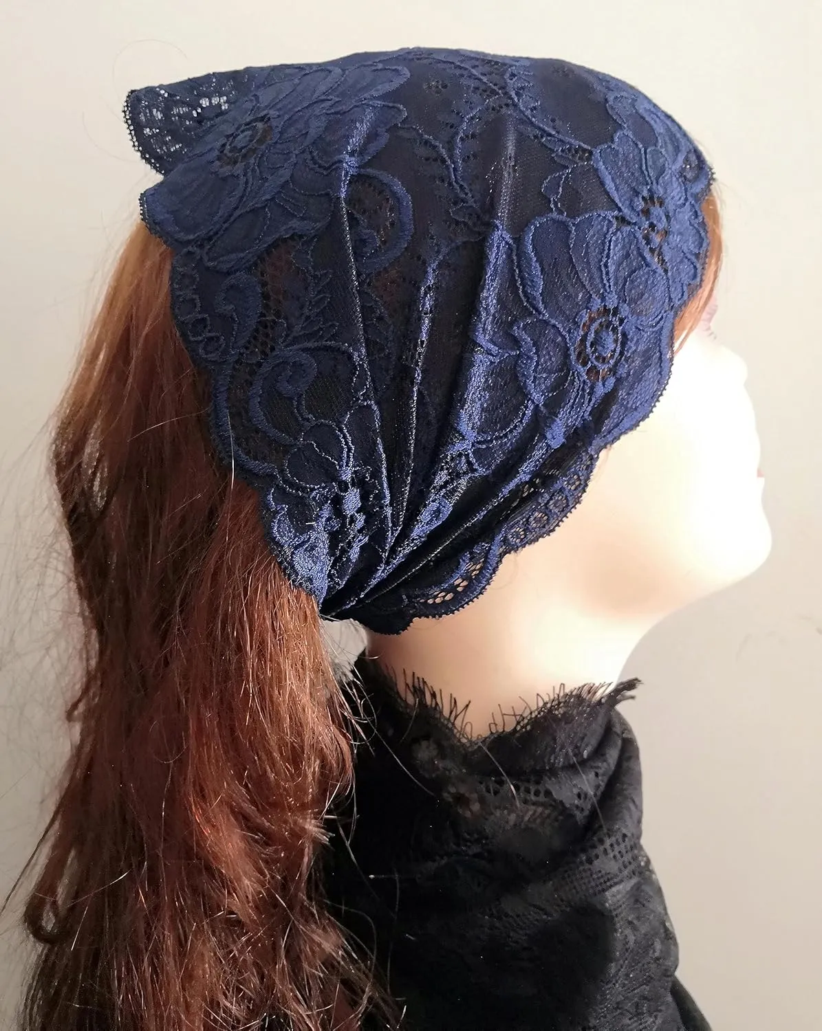 Stretch Headbands for Women Lace Headcovering for Women Lace Headwrap (Floral-Navy)