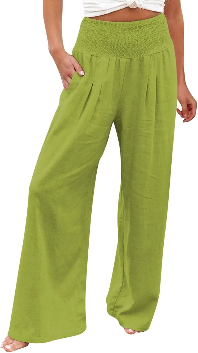 Summer Beach Pants for Women 2025 Baggy Y2K Summer Stretchy Boho Beach Pants Relaxed Loose Fit Elastic Lightweight Trousers