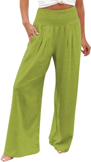 Summer Beach Pants for Women 2025 Baggy Y2K Summer Stretchy Boho Beach Pants Relaxed Loose Fit Elastic Lightweight Trousers