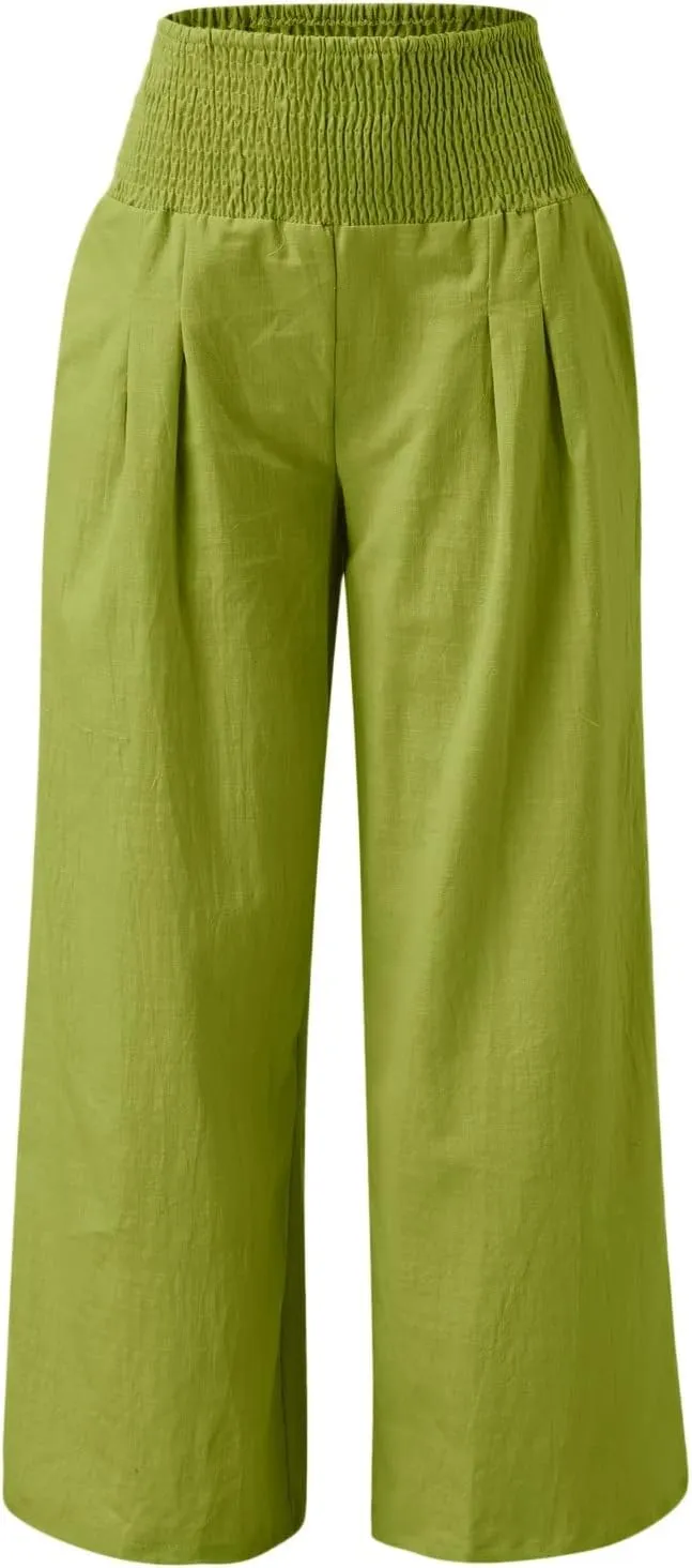 Summer Beach Pants for Women 2025 Baggy Y2K Summer Stretchy Boho Beach Pants Relaxed Loose Fit Elastic Lightweight Trousers