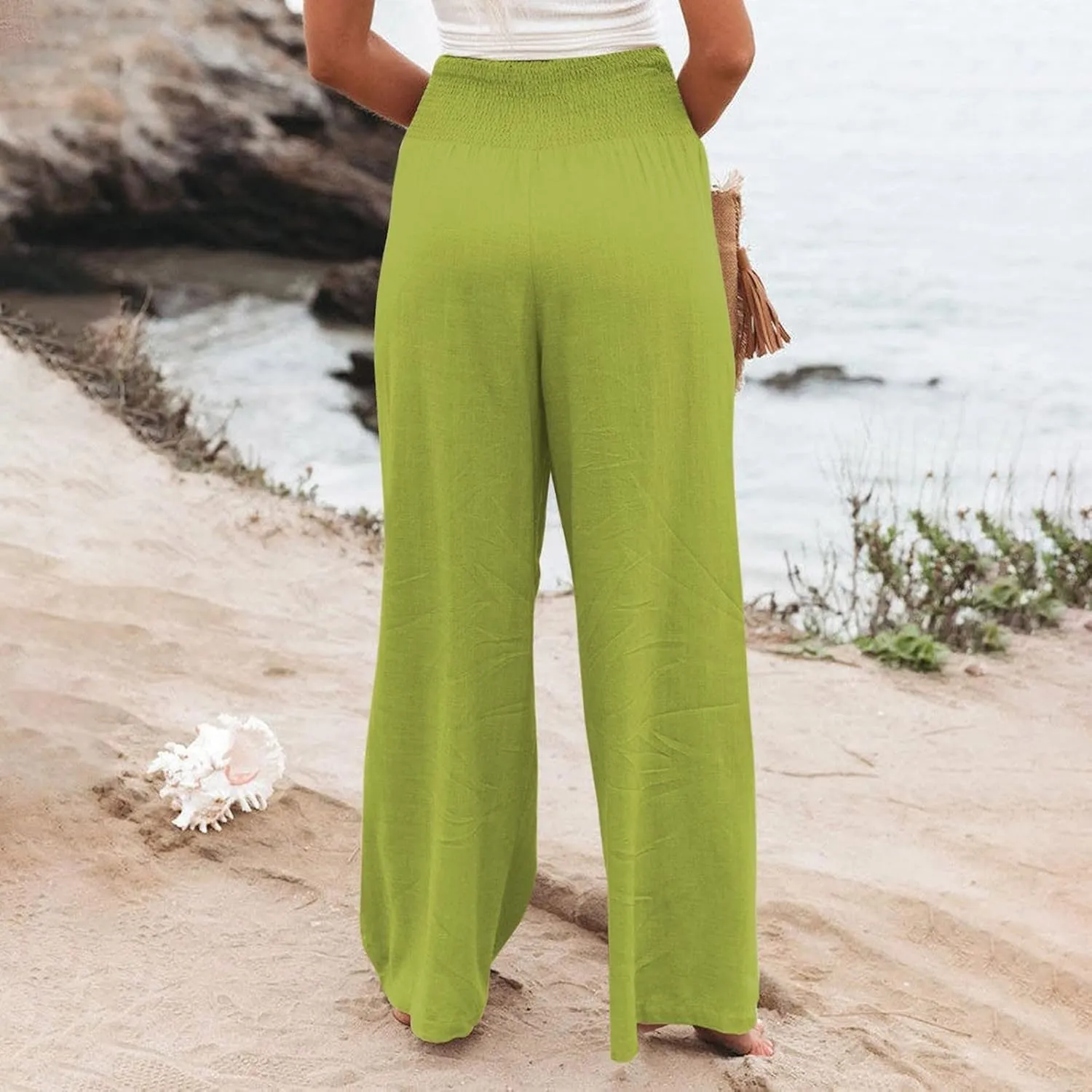 Summer Beach Pants for Women 2025 Baggy Y2K Summer Stretchy Boho Beach Pants Relaxed Loose Fit Elastic Lightweight Trousers