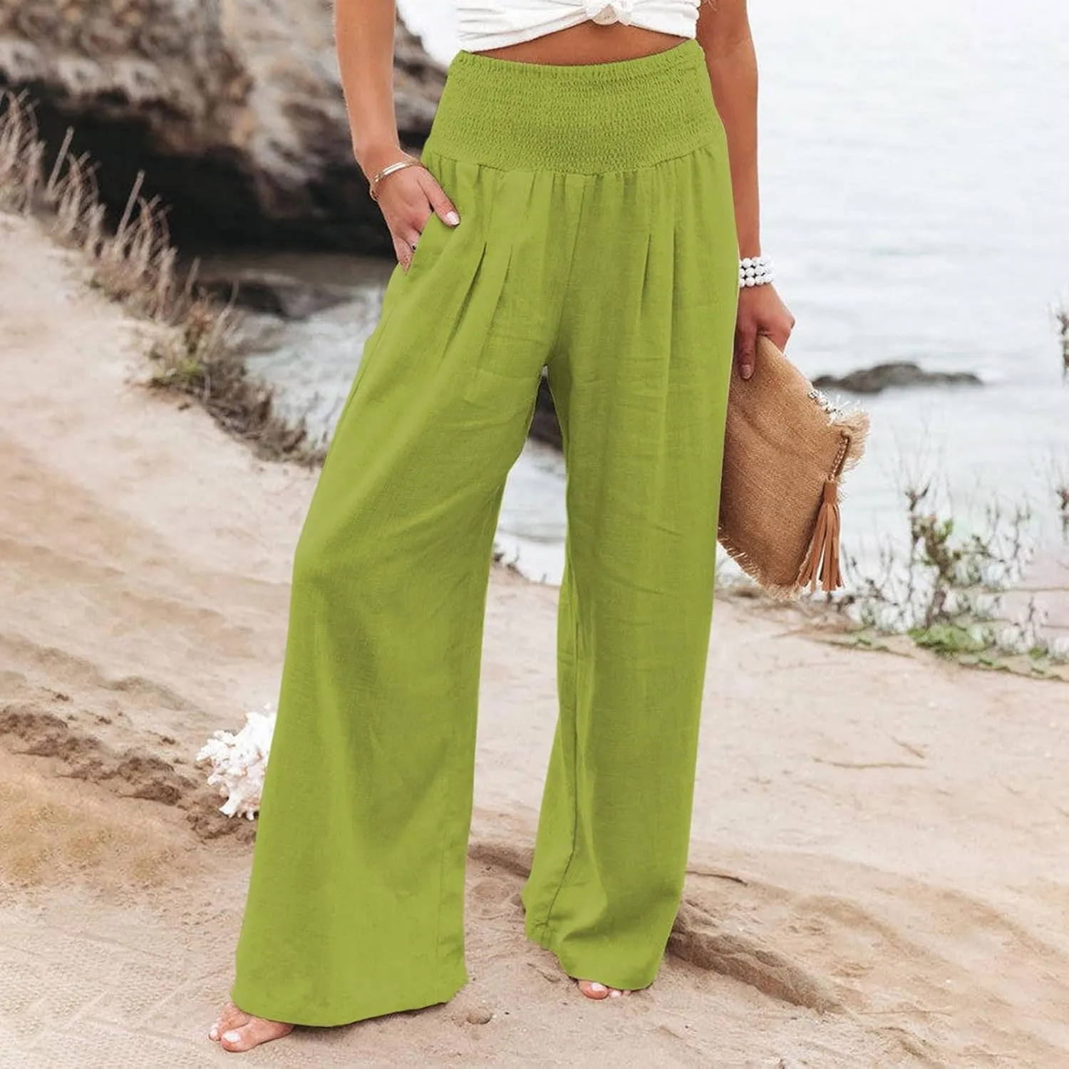 Summer Beach Pants for Women 2025 Baggy Y2K Summer Stretchy Boho Beach Pants Relaxed Loose Fit Elastic Lightweight Trousers