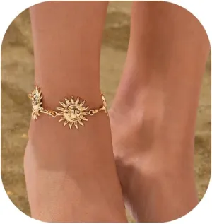 Summer Beach Sunflower Pendant Anklet Bracelet,Metal Sun Tassel Anklets,Bikini Gold Sunflower Foot Chain Boho Adjustable Leg Bracelet Jewelry for Women
