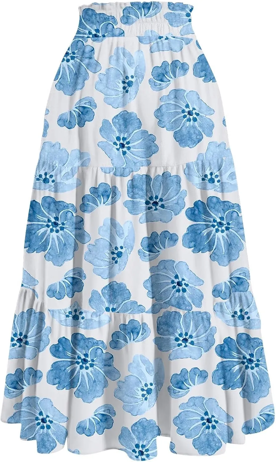 Summer Maxi Skirts for Women 2025 Boho Drawstring Elastic High Waist Long Skirts A Line Floral Pleated Tiered Skirt
