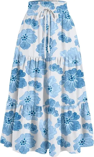 Summer Maxi Skirts for Women 2025 Boho Drawstring Elastic High Waist Long Skirts A Line Floral Pleated Tiered Skirt