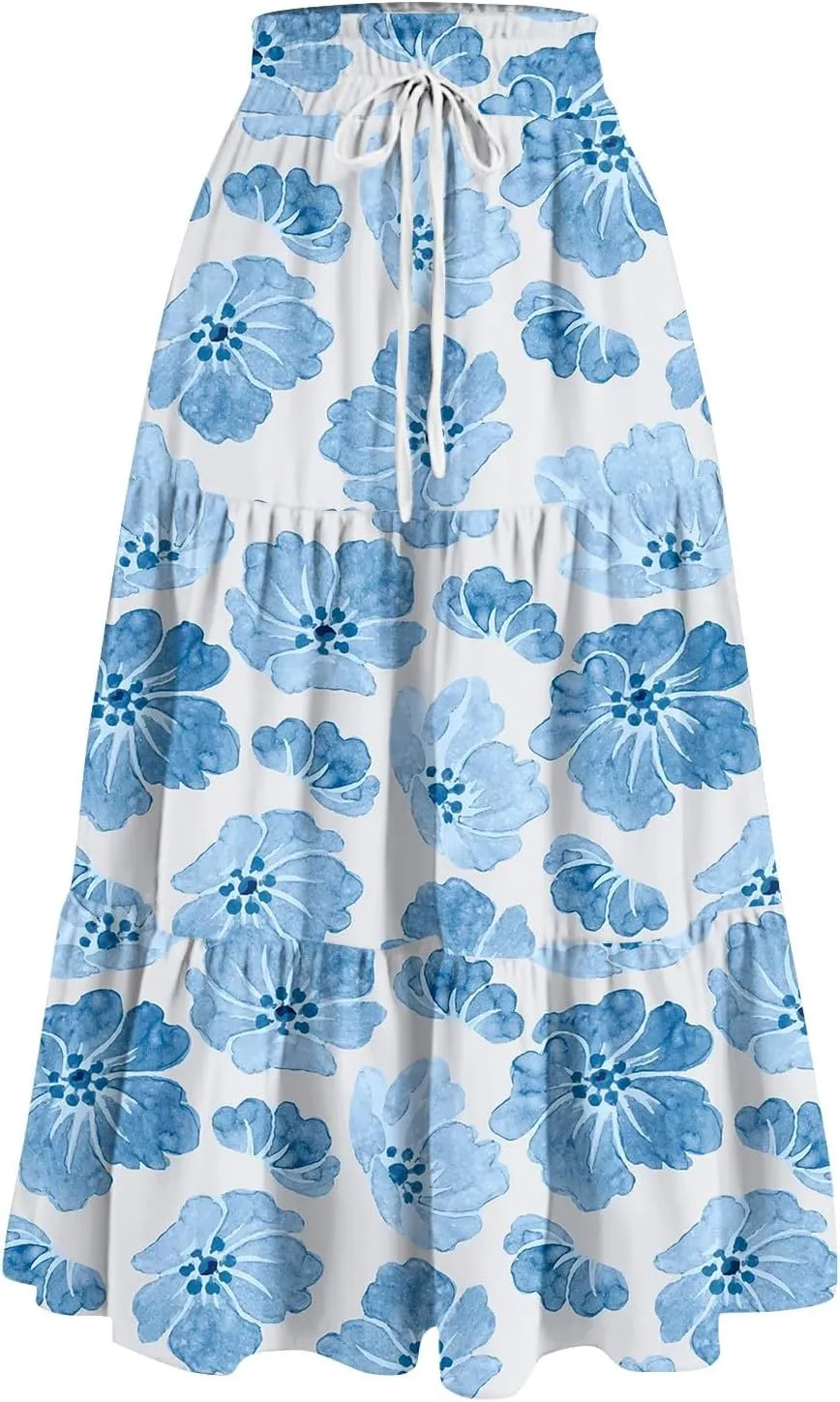 Summer Maxi Skirts for Women 2025 Boho Drawstring Elastic High Waist Long Skirts A Line Floral Pleated Tiered Skirt