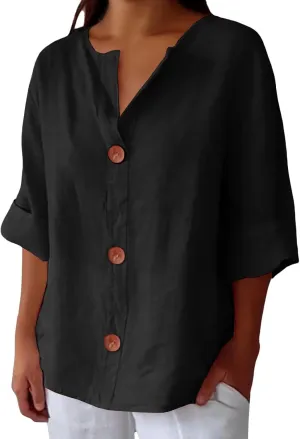 Summer Tops for Women 2025 Trendy 3/4 Sleeve Cotton Linen Shirt Casual Button v Neck Loose Tunic Blouses Outfits