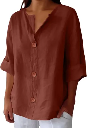 Summer Tops for Women 2025 Trendy 3/4 Sleeve Cotton Linen Shirt Casual Button v Neck Loose Tunic Blouses Outfits