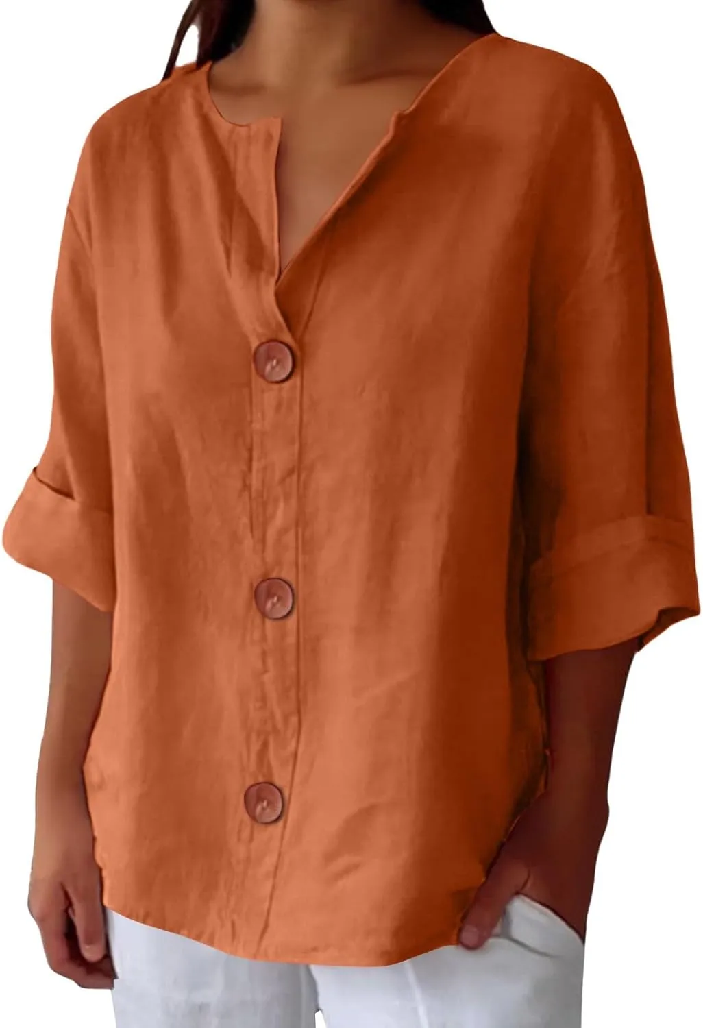 Summer Tops for Women 2025 Trendy 3/4 Sleeve Cotton Linen Shirt Casual Button v Neck Loose Tunic Blouses Outfits