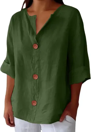 Summer Tops for Women 2025 Trendy 3/4 Sleeve Cotton Linen Shirt Casual Button v Neck Loose Tunic Blouses Outfits