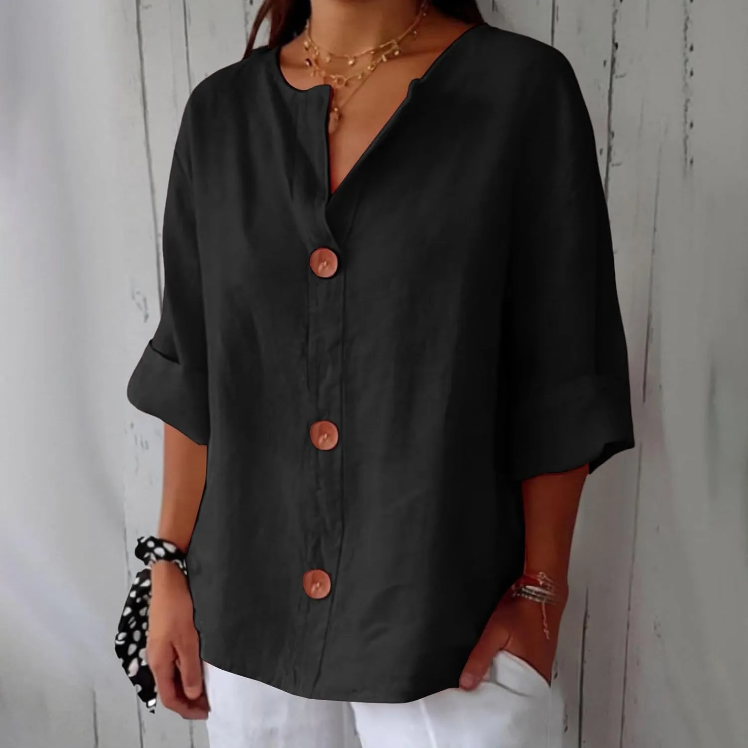 Summer Tops for Women 2025 Trendy 3/4 Sleeve Cotton Linen Shirt Casual Button v Neck Loose Tunic Blouses Outfits