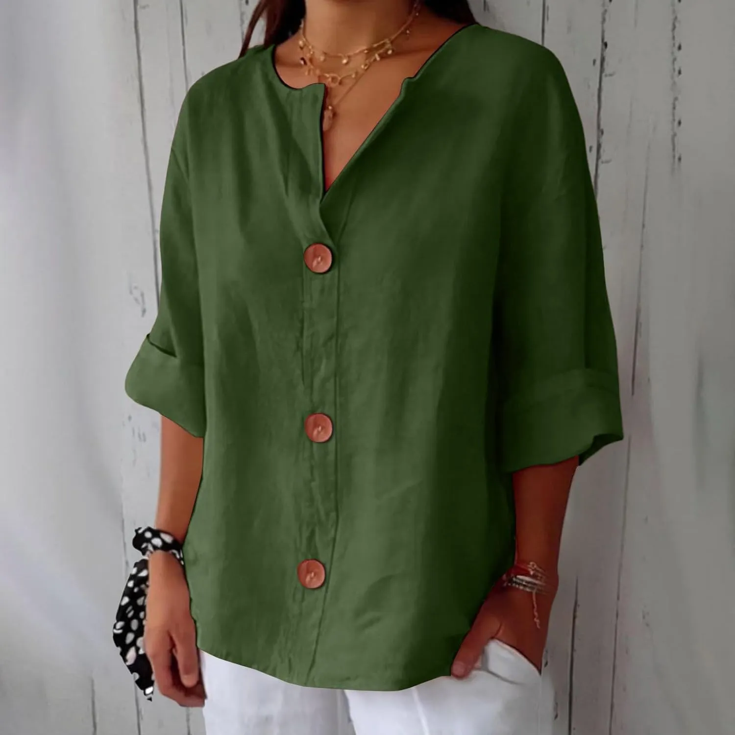 Summer Tops for Women 2025 Trendy 3/4 Sleeve Cotton Linen Shirt Casual Button v Neck Loose Tunic Blouses Outfits