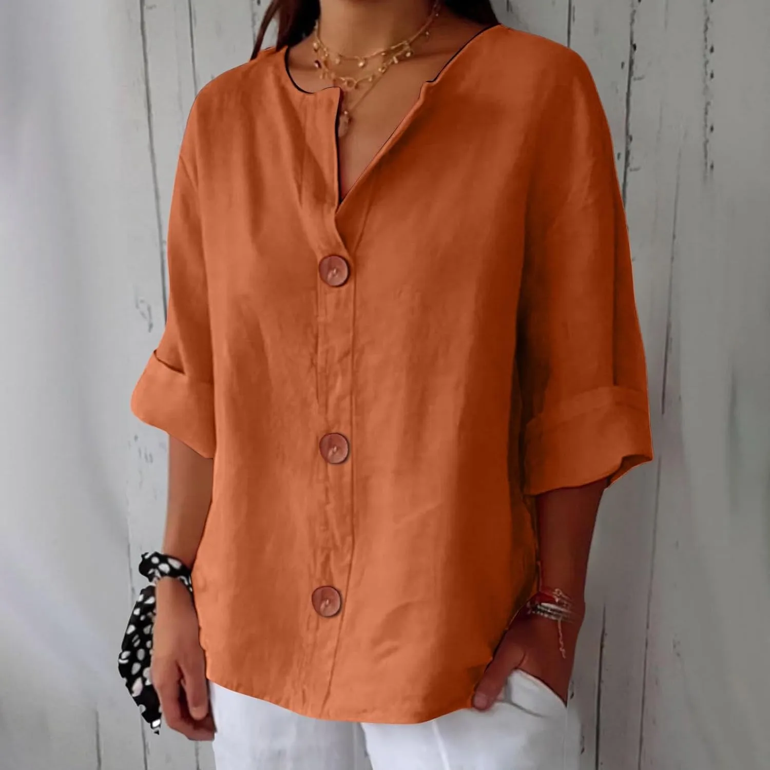 Summer Tops for Women 2025 Trendy 3/4 Sleeve Cotton Linen Shirt Casual Button v Neck Loose Tunic Blouses Outfits