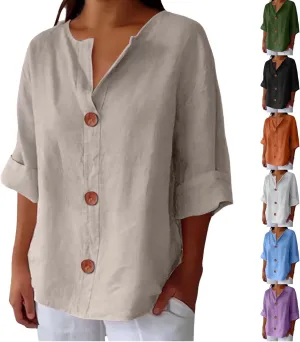Summer Tops for Women 2025 Trendy 3/4 Sleeve Cotton Linen Shirt Casual Button v Neck Loose Tunic Blouses Outfits