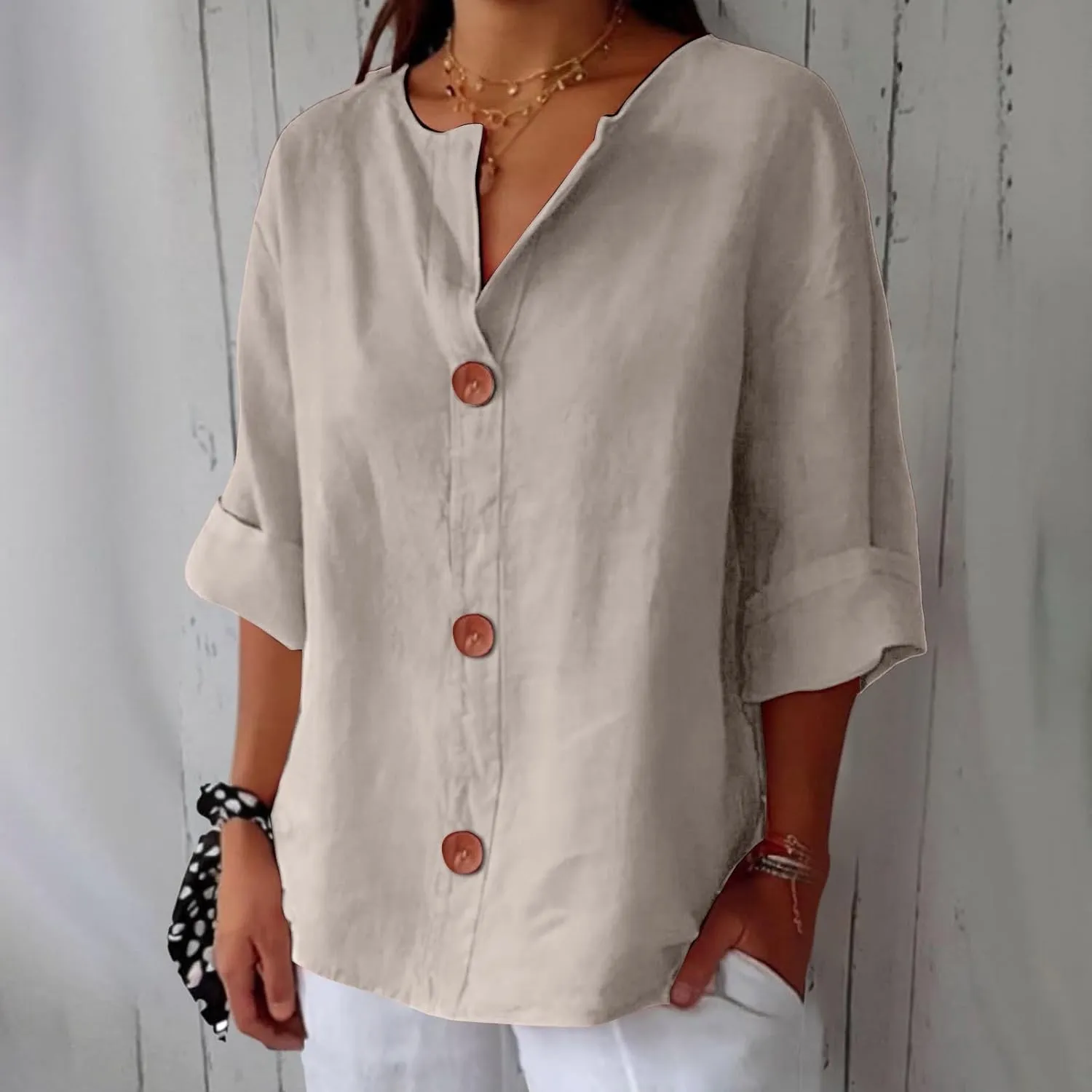 Summer Tops for Women 2025 Trendy 3/4 Sleeve Cotton Linen Shirt Casual Button v Neck Loose Tunic Blouses Outfits