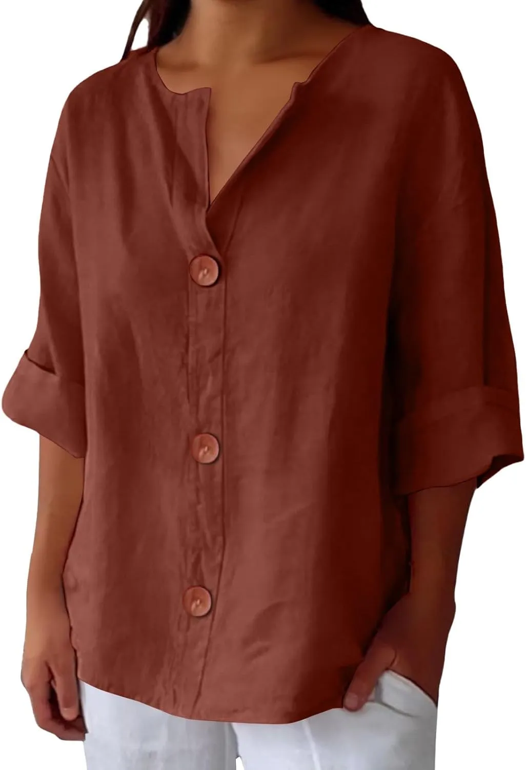 Summer Tops for Women 2025 Trendy 3/4 Sleeve Cotton Linen Shirt Casual Button v Neck Loose Tunic Blouses Outfits