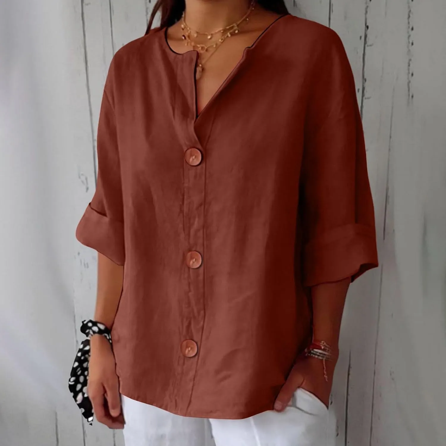 Summer Tops for Women 2025 Trendy 3/4 Sleeve Cotton Linen Shirt Casual Button v Neck Loose Tunic Blouses Outfits