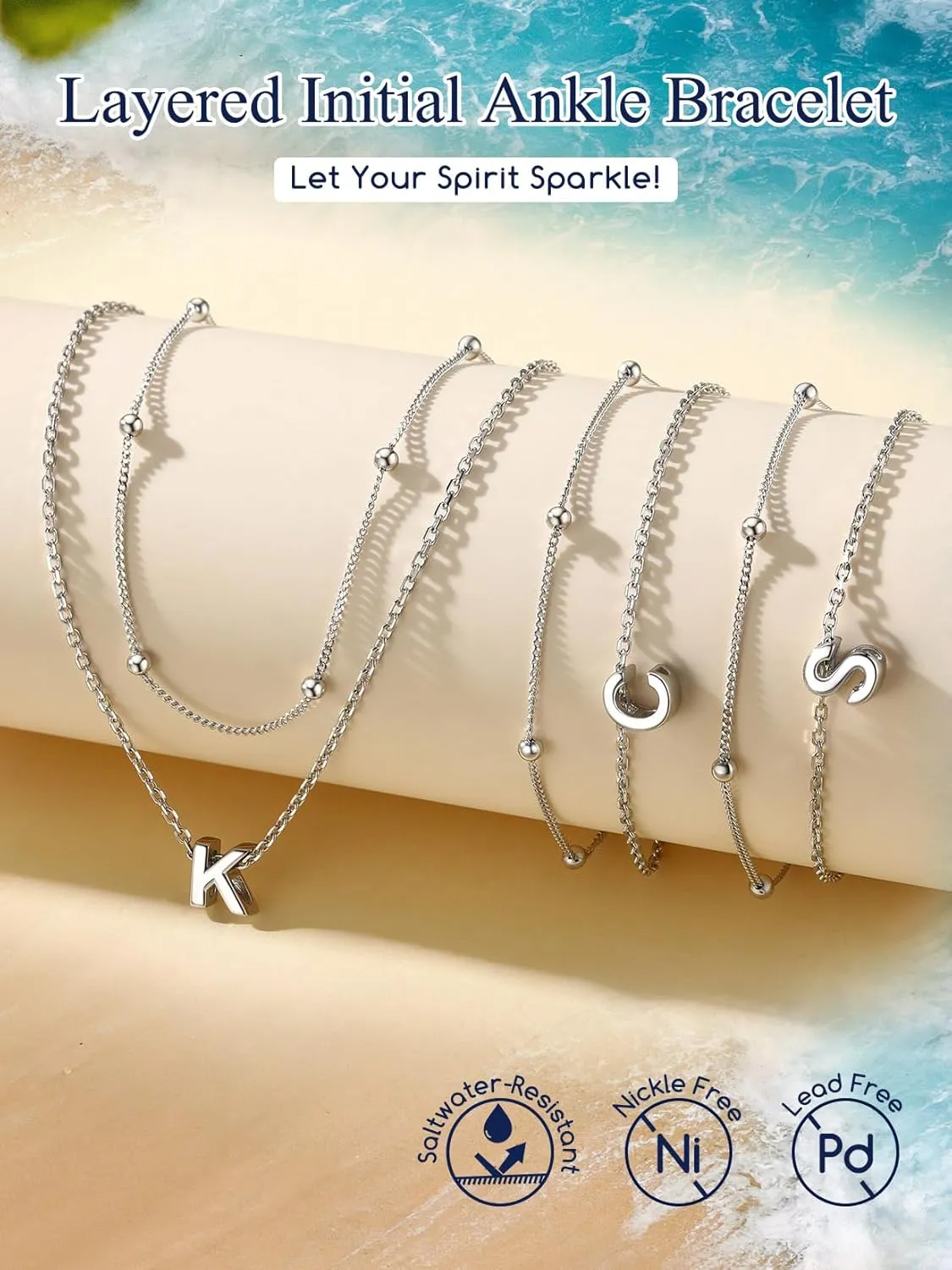 Suplight Sterling Silver Anklets Bracelets for Women Layered Dainty Foot Chain Intial AnkletS With Beaded Anklets for Women Beach Waterproof Jewelry(With Gift Box)