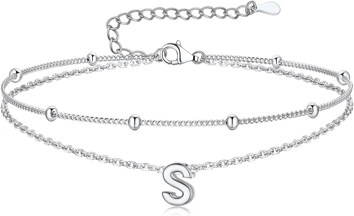Suplight Sterling Silver Anklets Bracelets for Women Layered Dainty Foot Chain Intial AnkletS With Beaded Anklets for Women Beach Waterproof Jewelry(With Gift Box)