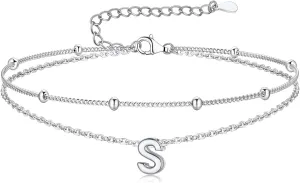 Suplight Sterling Silver Anklets Bracelets for Women Layered Dainty Foot Chain Intial AnkletS With Beaded Anklets for Women Beach Waterproof Jewelry(With Gift Box)