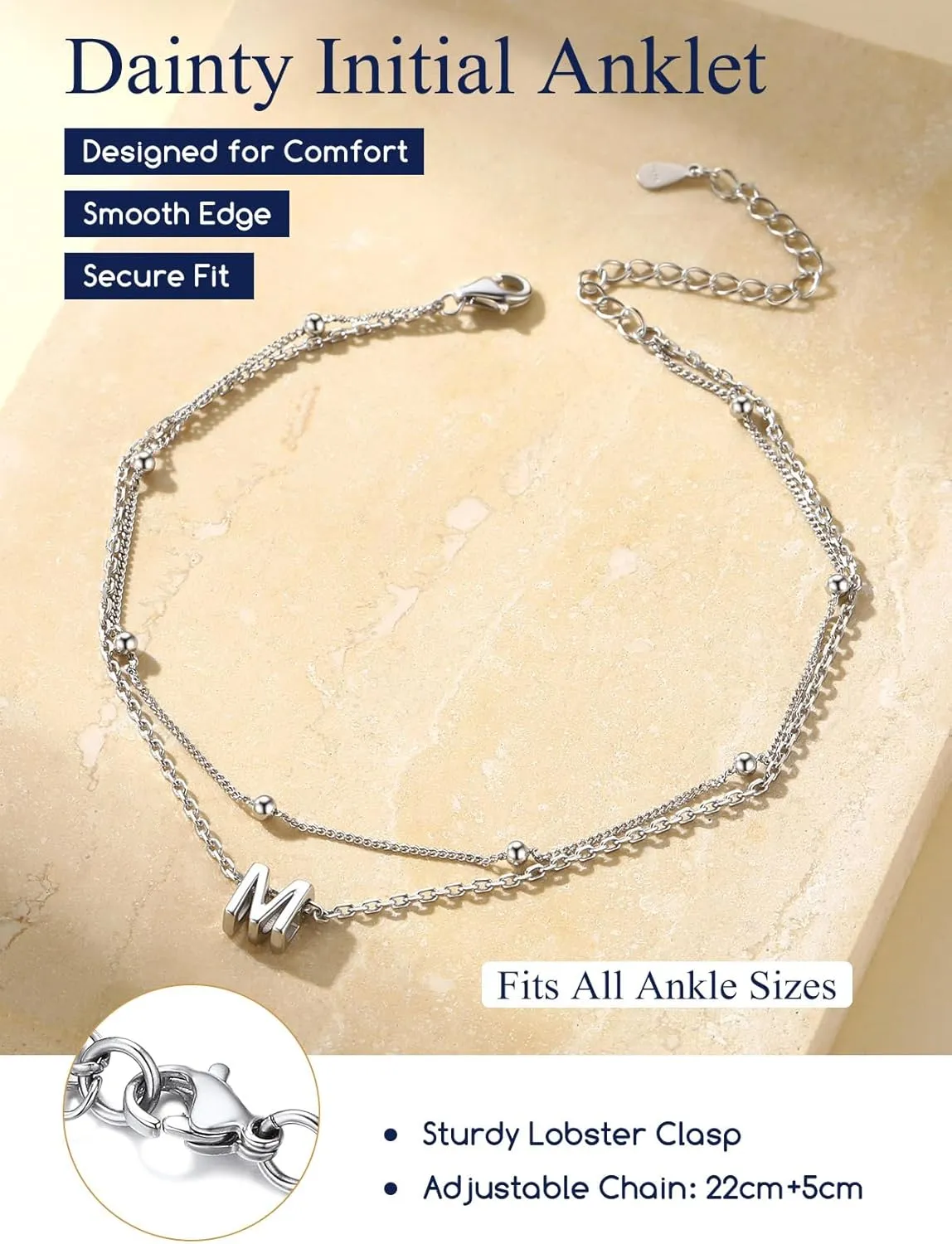 Suplight Sterling Silver Anklets Bracelets for Women Layered Dainty Foot Chain Intial AnkletS With Beaded Anklets for Women Beach Waterproof Jewelry(With Gift Box)